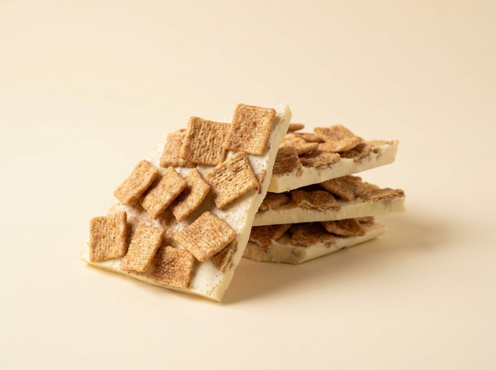 Shards of white chocolate bark topped with golden cinnamon sugar cereal squares and a dusting of cinnamon.