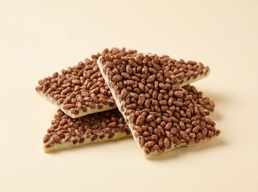 White chocolate bark covered in chocolate crisp rice cereal.