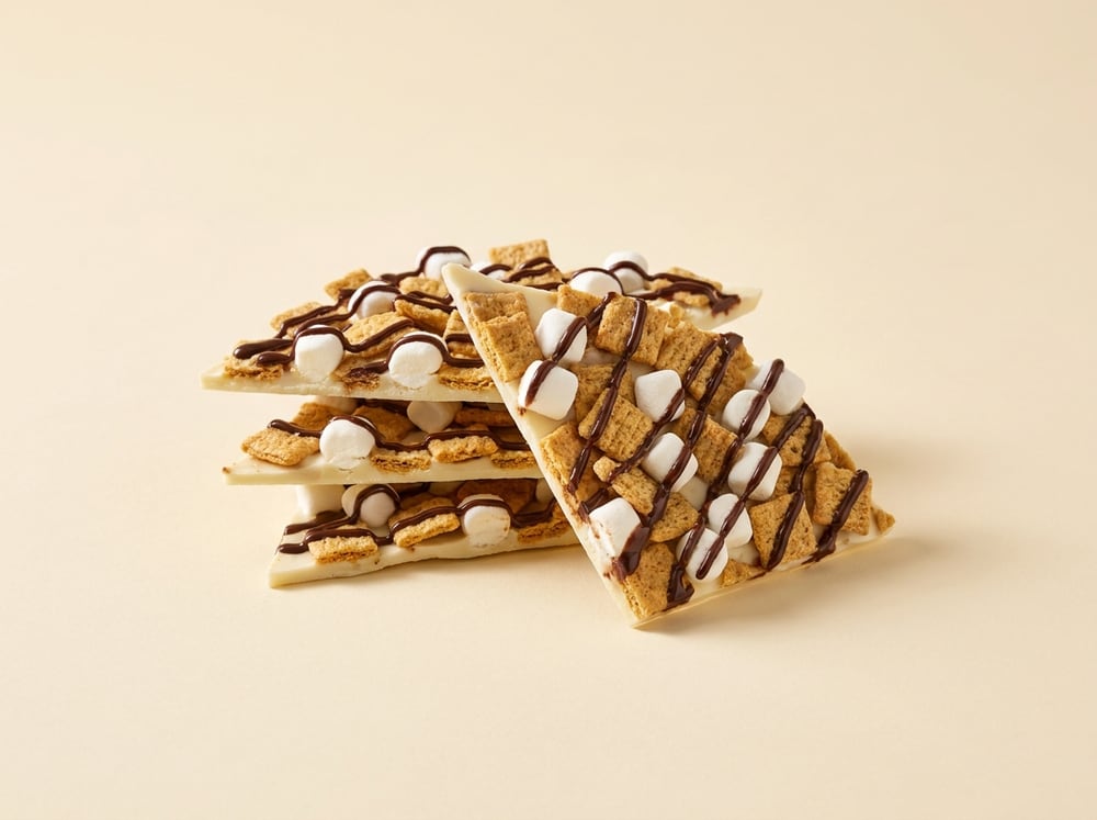 White chocolate bark with graham squares, mini marshmallows and chocolate drizzle.