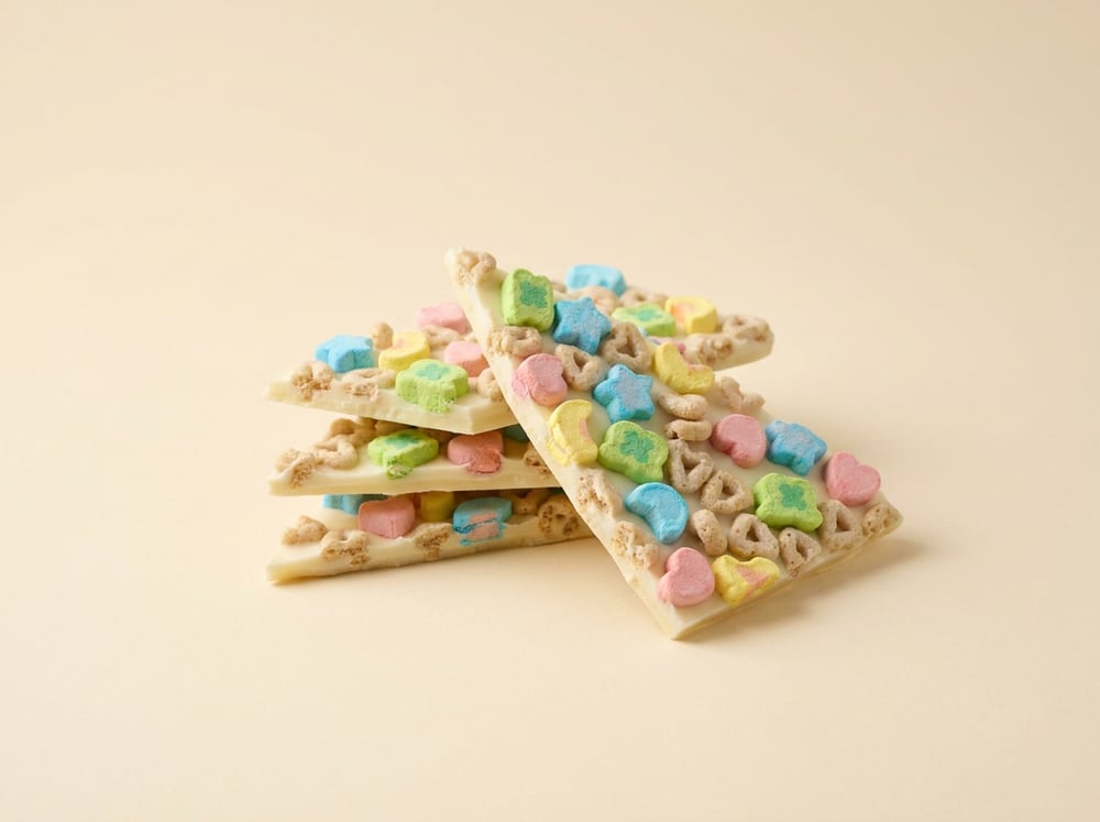White chocolate bark covered in colorful marshmallow charm shapes and toasted oat cereal.