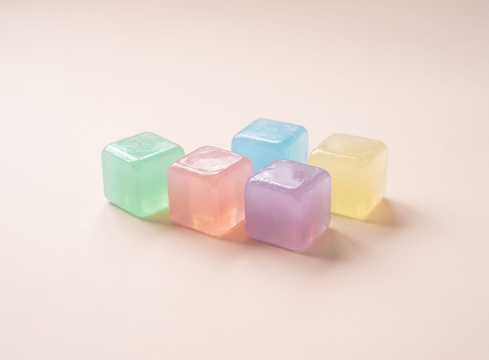 A cluster of translucent squishy soap cubes in mint, blush, lemon, lavender and sky blue.