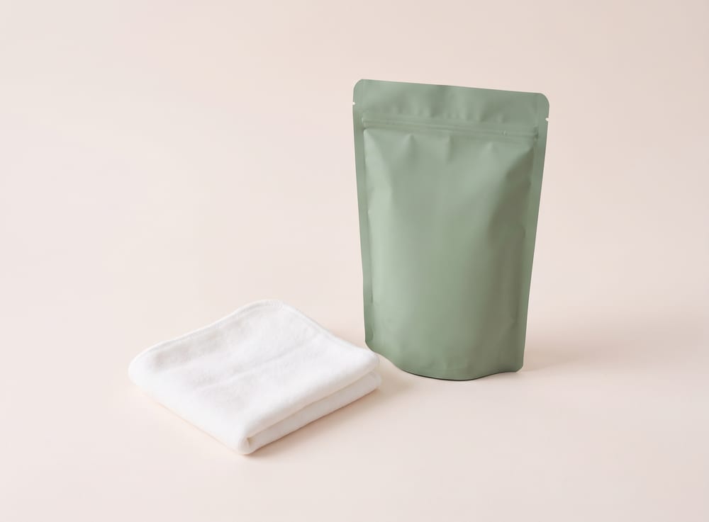 A folded white wipe beside a plain sage-green pouch.