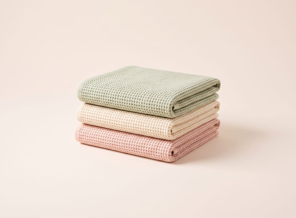 A stack of three folded waffle-weave towels in blush, cream and sage.