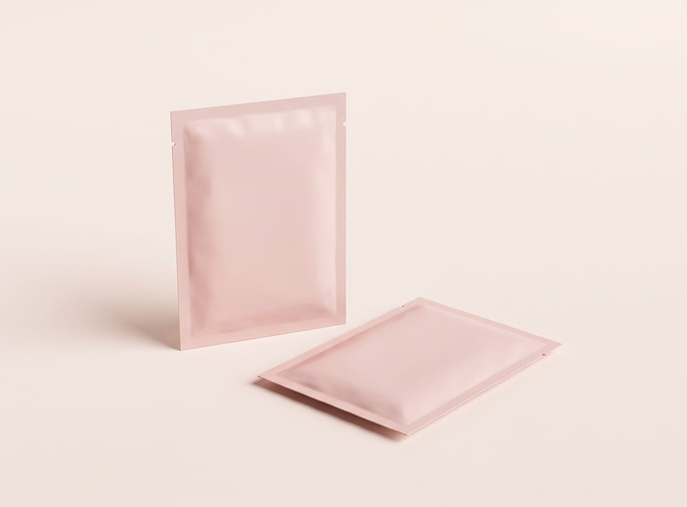 A plain blush sachet standing beside a folded white cotton bootie.