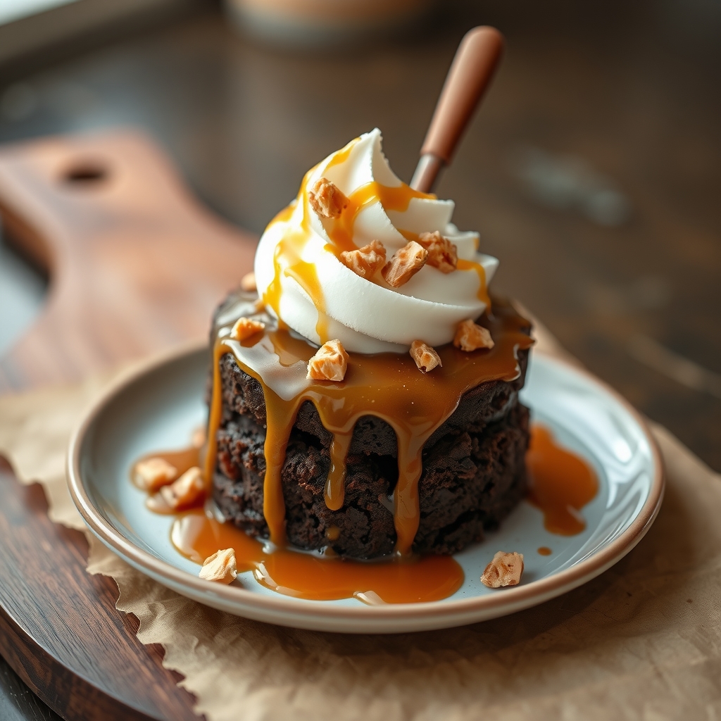 Four small chocolate cakes topped with cream, caramel drizzle and toffee bits.