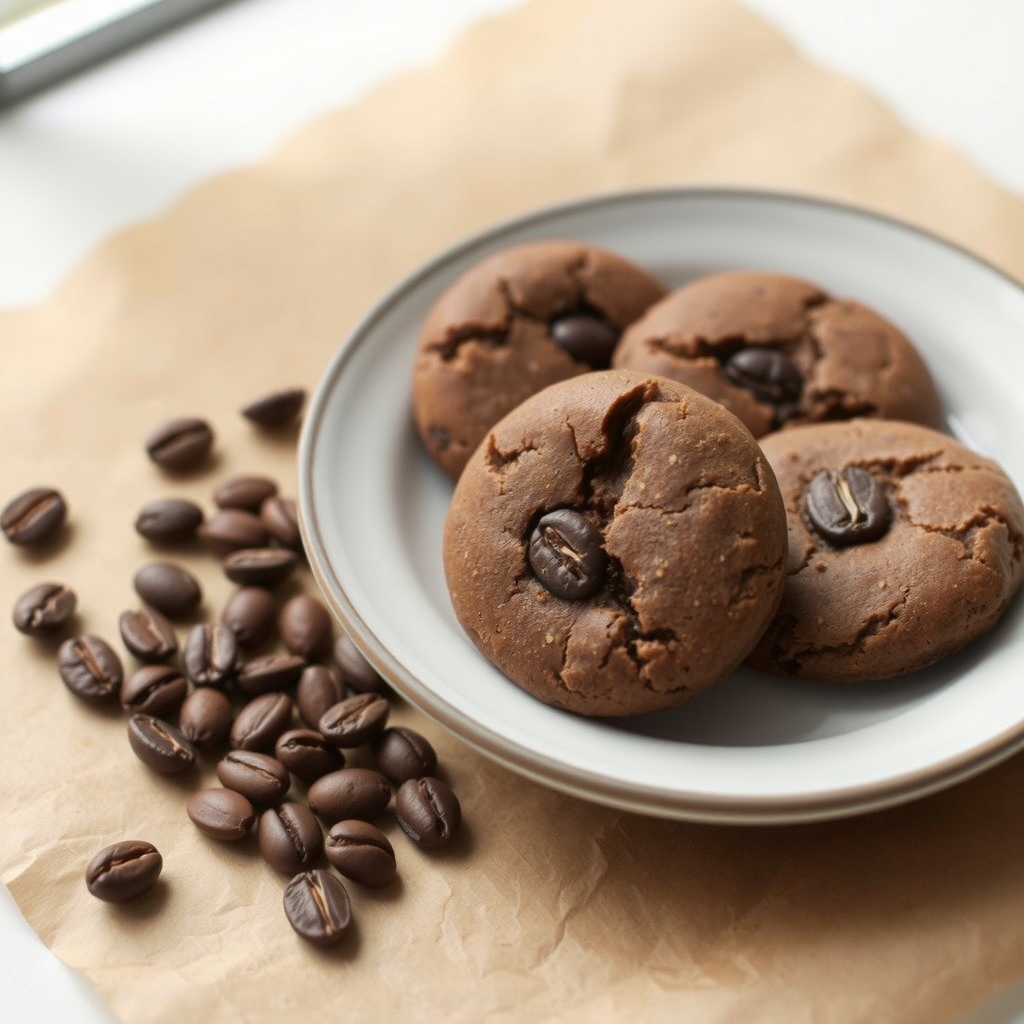 A plate of deep-brown coffee-cardamom shortbread cookies beside roasted coffee beans.