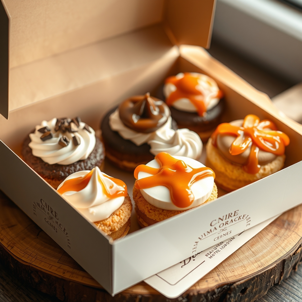 A box of assorted mini cakes with cream and caramel toppings.