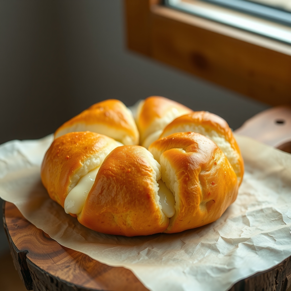 A golden cheese-topped pull-apart bread with melted cheese in the seams.