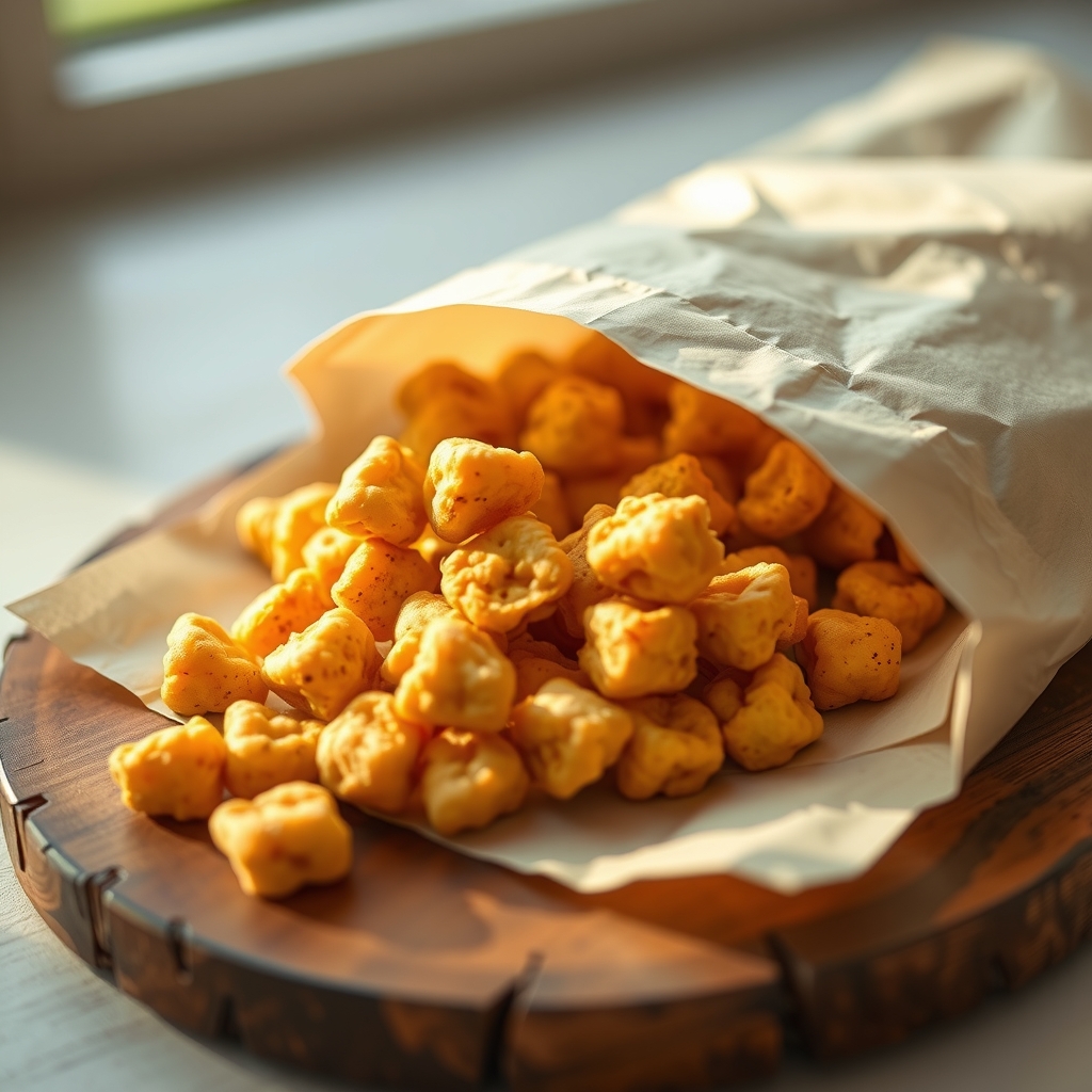 A scattered pile of small golden dabo kolo crunch nuggets.