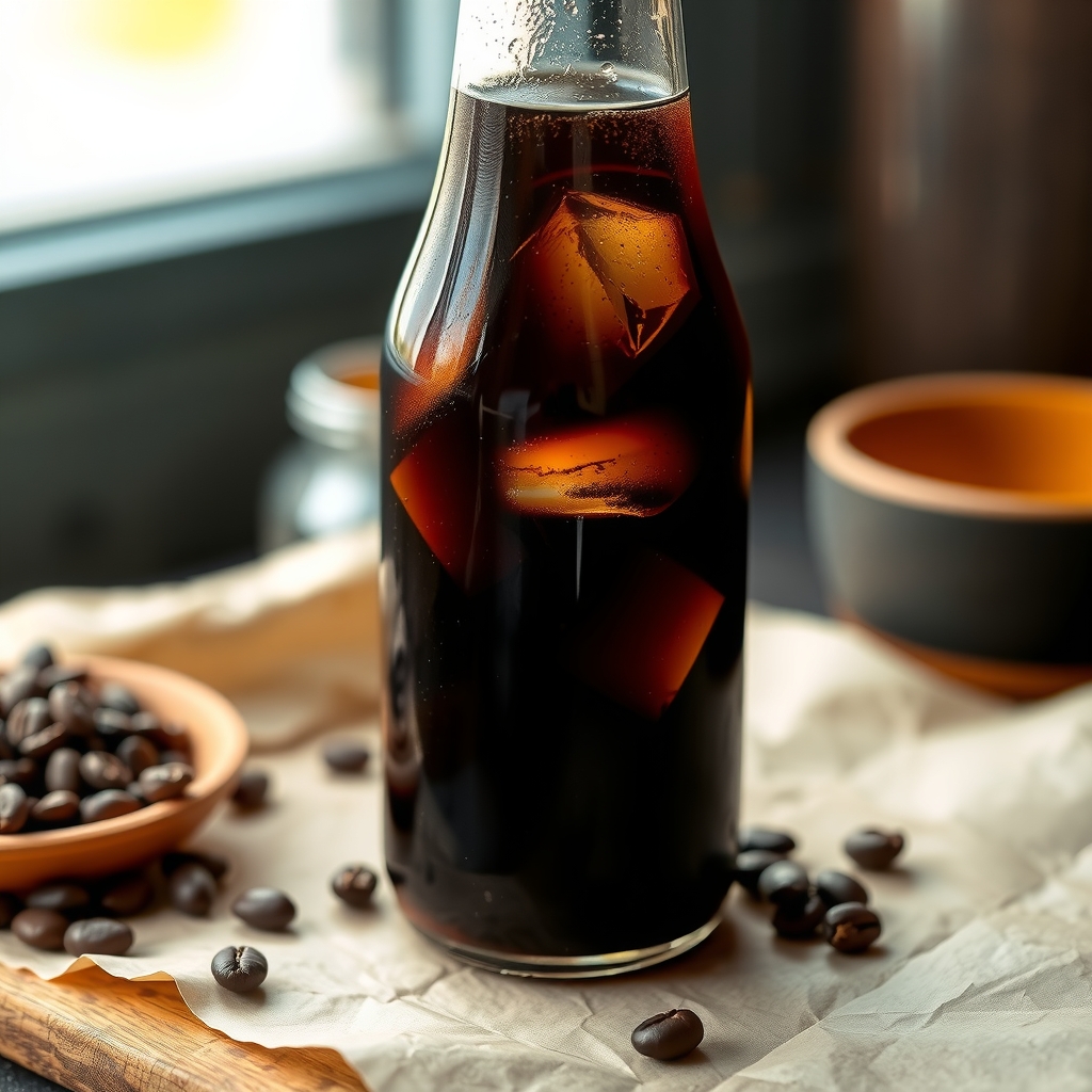 A clear bottle of dark cold brew coffee beside ice and coffee beans.