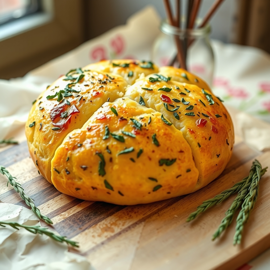 A golden garlic bread flecked with herbs and roasted garlic.