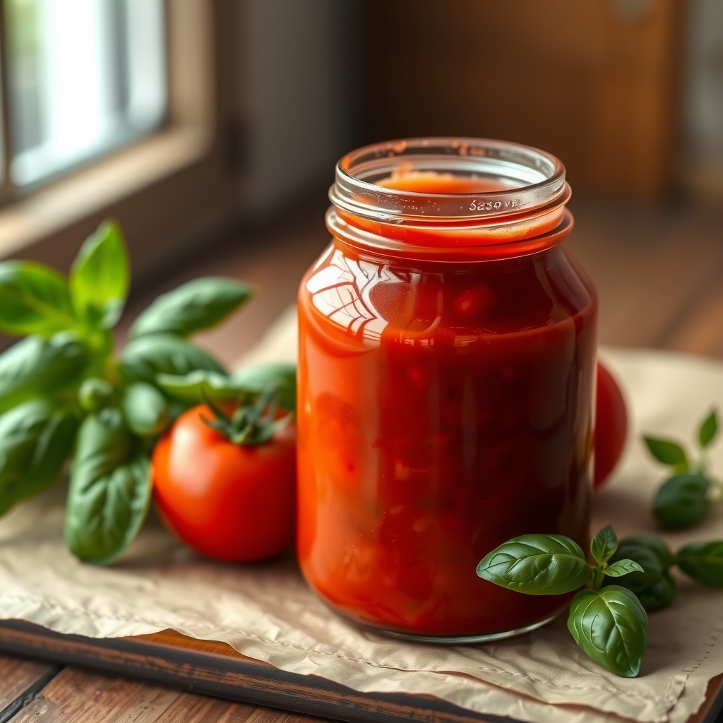 A jar of rich red marinara sauce beside fresh basil and tomatoes.