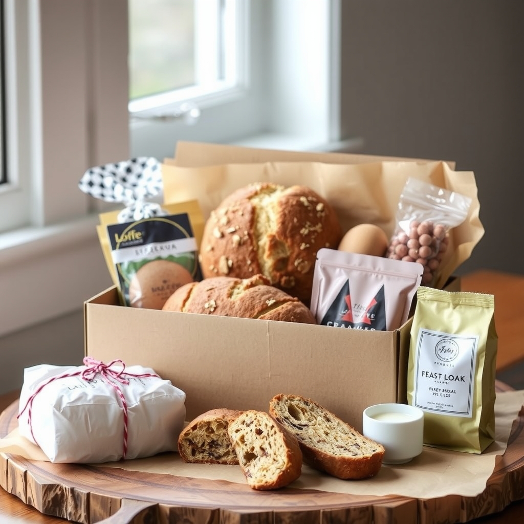 An abundant monthly box with a large feast loaf, breads, sweets, and a bag of coffee.