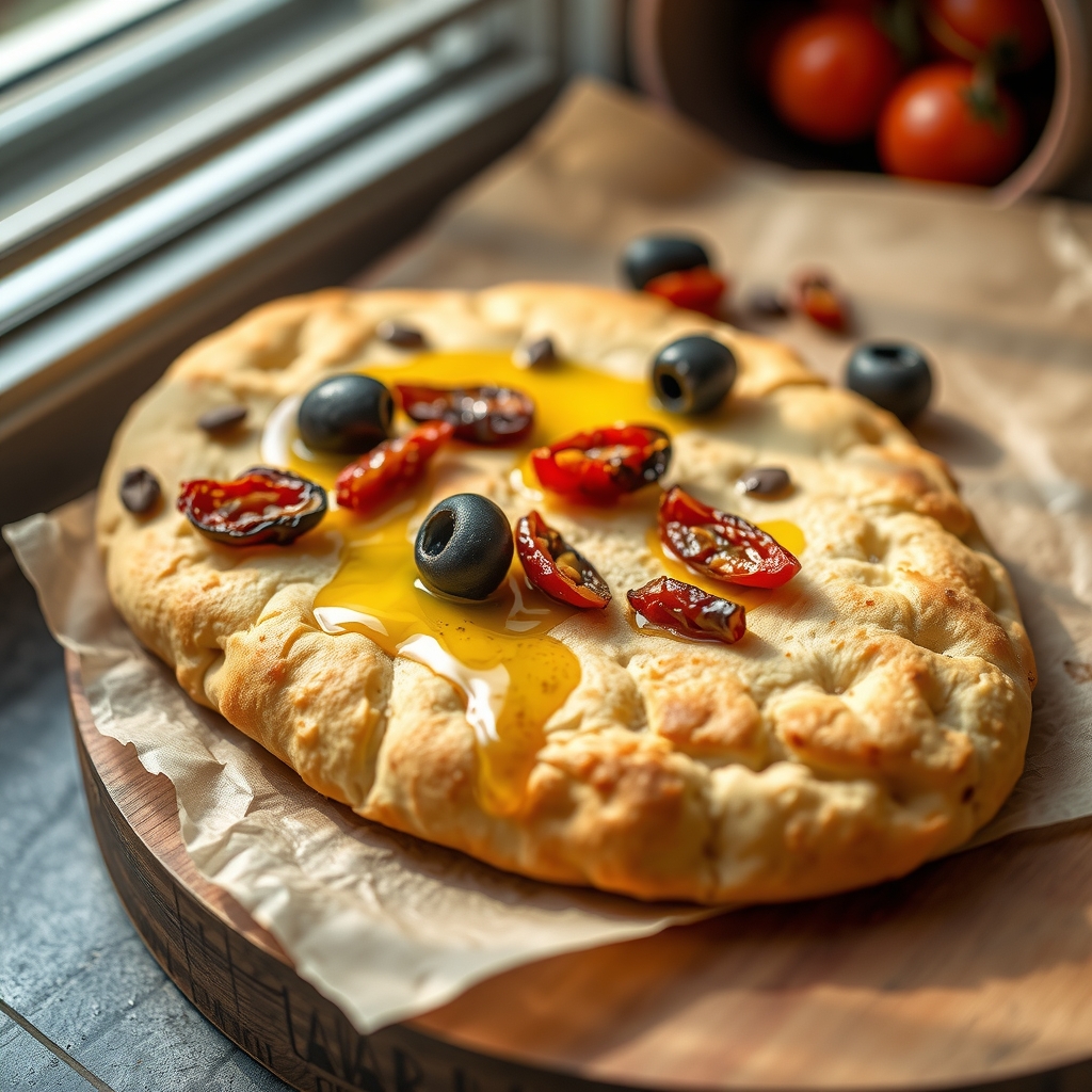 A dimpled focaccia-style flatbread topped with olives and sun-dried tomatoes.
