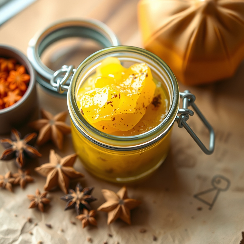 A small jar of golden spiced clarified butter with whole spices.