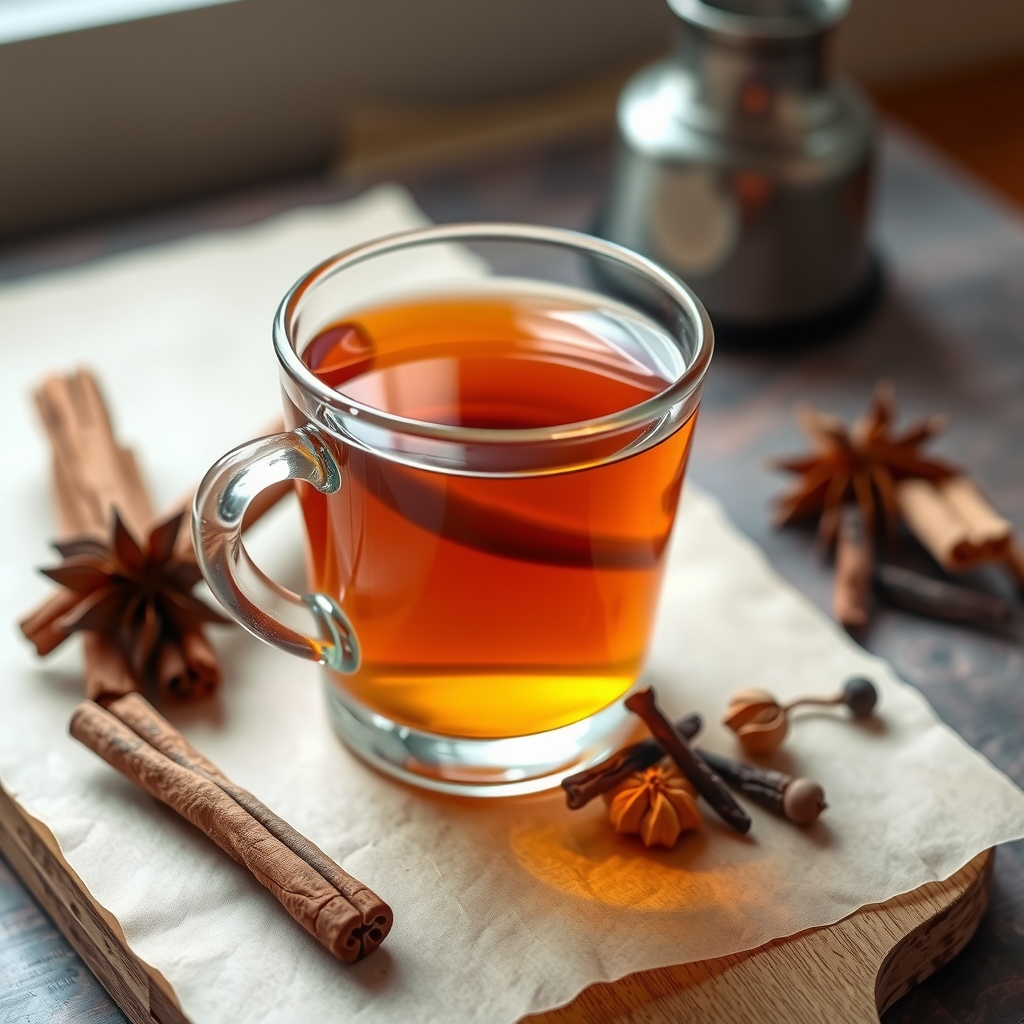 A tin of loose-leaf spiced tea beside cinnamon sticks, cardamom pods and cloves.