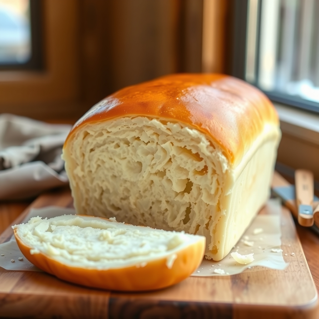 A pale golden, pillowy milk bread loaf with a soft sheen.