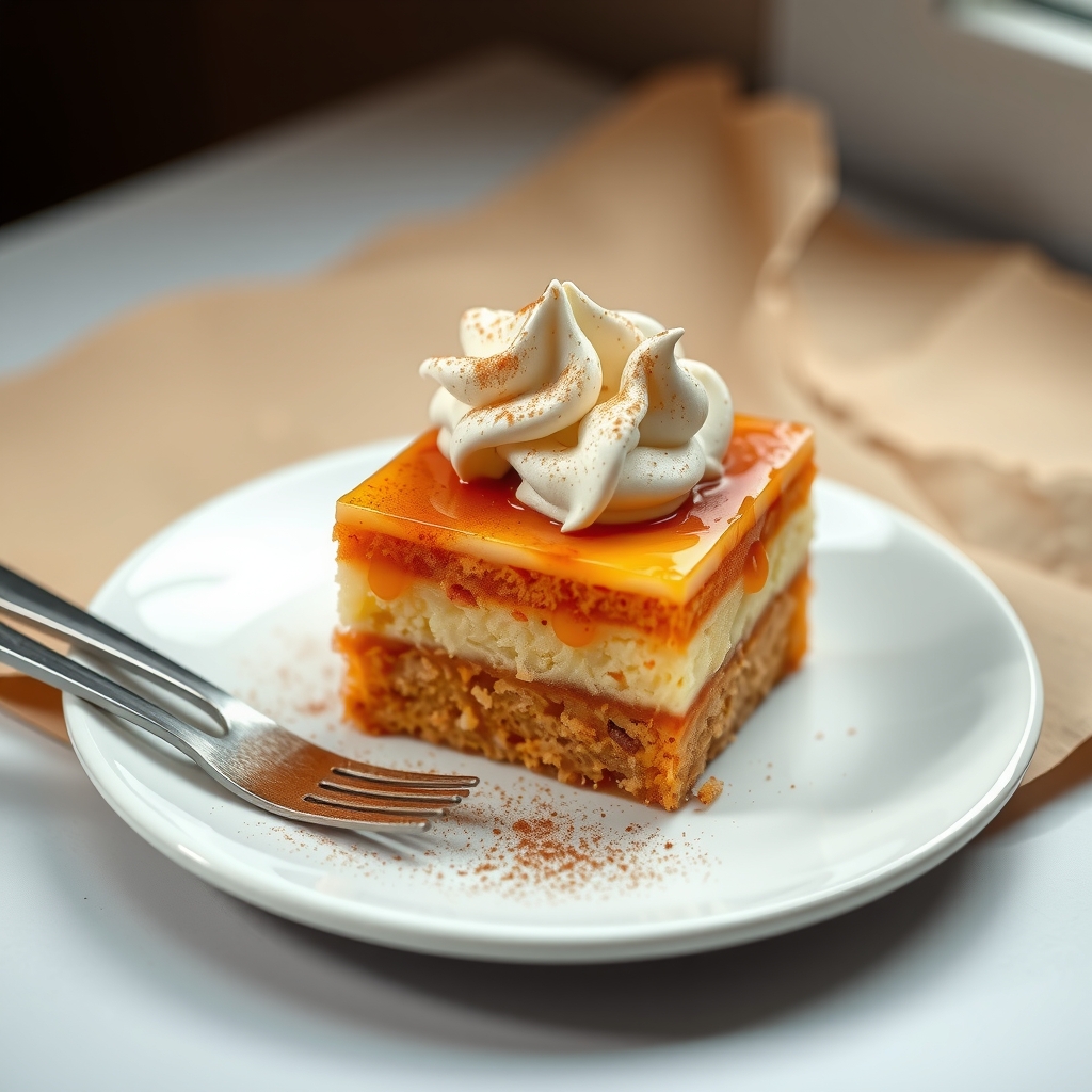 Four small tres leches cakes topped with whipped cream and a dusting of cinnamon.