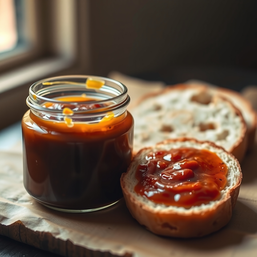 A small jar of glossy, tangy savory spread beside slices of bread.