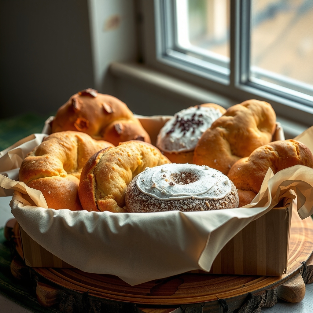 A linen-lined box of assorted Eritrean and Ethiopian breads and a sweet, ready for the week.